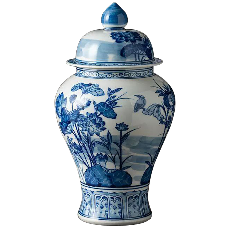 Ваза с крышкой Ceramic Blue Flowers and Bird Vase Белый Синий Ваза с крышкой Ceramic Blue Flowers and Bird Vase Белый Синий в Брянске | Loft Concept