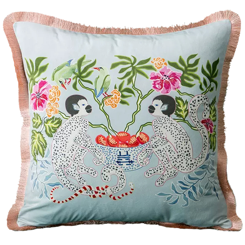 Декоративная подушка Two Monkeys on Blue Cushion Голубой Мульти Декоративная подушка Two Monkeys on Blue Cushion Голубой Мульти в Брянске | Loft Concept