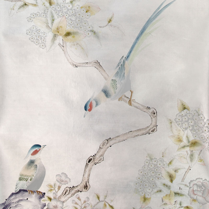 Обои ручная роспись Japanese Garden Special Colourway on Ocean Silver gilded silk Обои ручная роспись Japanese Garden Special Colourway on Ocean Silver gilded silk в Брянске | Loft Concept