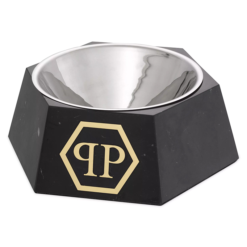Миска для корма Philipp Plein Dog Food bowl Nice XL Black Черный Мрамор Nero Сталь Золотой в Брянске | Loft Concept 