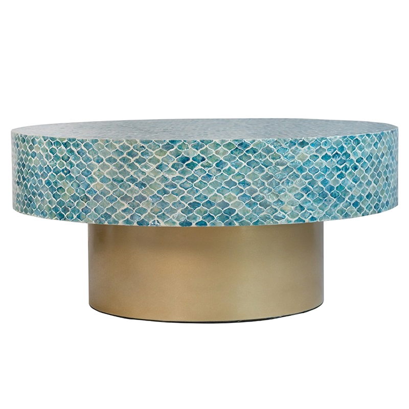 Стол Кофейный Bone Inlay Blue с мозаичным рисунком из раковин устриц Голубой в Брянске | Loft Concept 