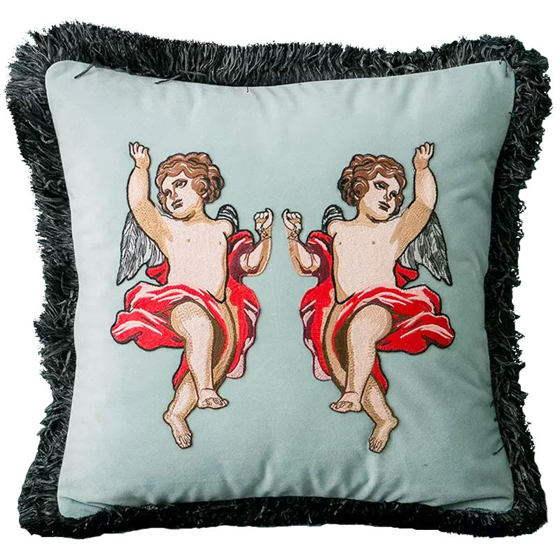 Декоративная подушка с вышивкой Стиль Gucci Angels Cushion Мятный Серый Бежевый Красный в Брянске | Loft Concept 