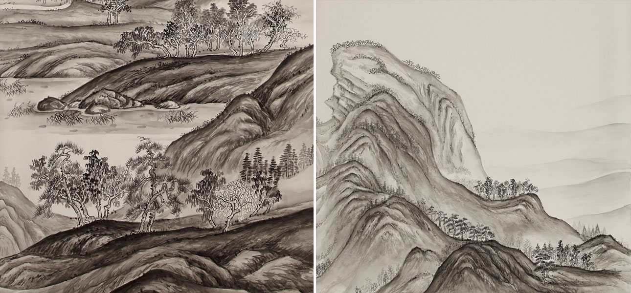 Обои ручная роспись A Thousand Li of Rivers and Mountains Special Colourway on Bleached White dyed silk - фото