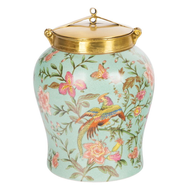 Ваза округлой формы из фарфора с рисунком и бронзовой крышкой Turquoise Blooming Garden Мульти Бронза Бирюзовый в Брянске | Loft Concept 