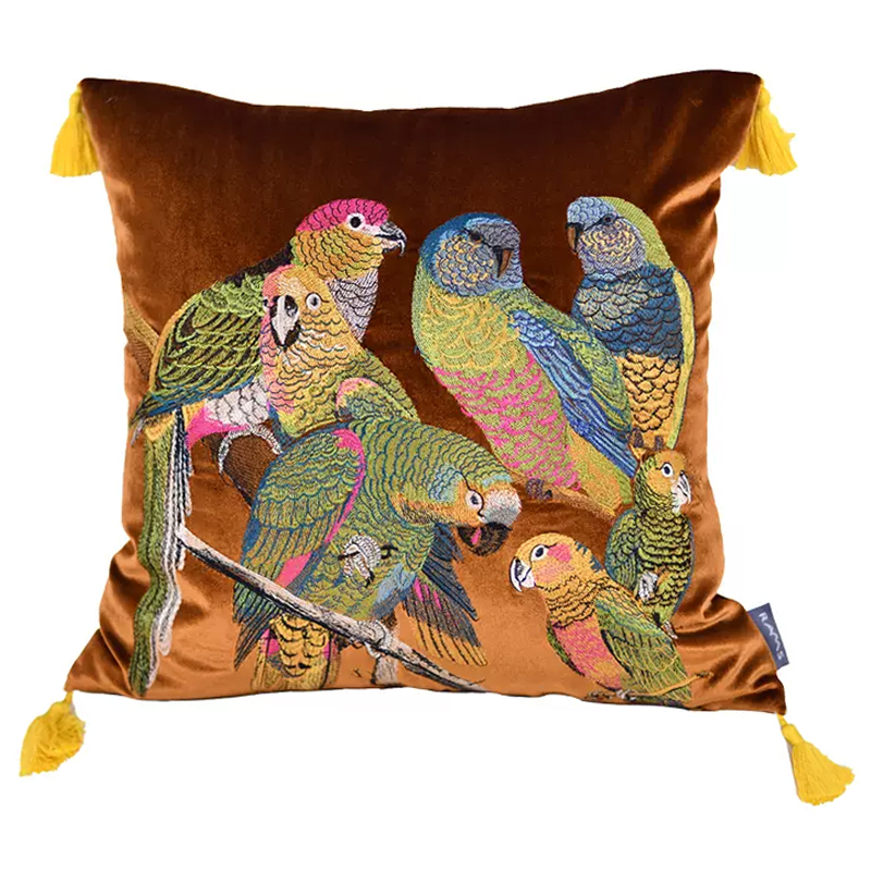 Декоративная подушка с вышивкой Embroidery Parrots Pillow Brown Коричневый Мульти Декоративная подушка с вышивкой Embroidery Parrots Pillow Brown Коричневый Мульти в Брянске | Loft Concept