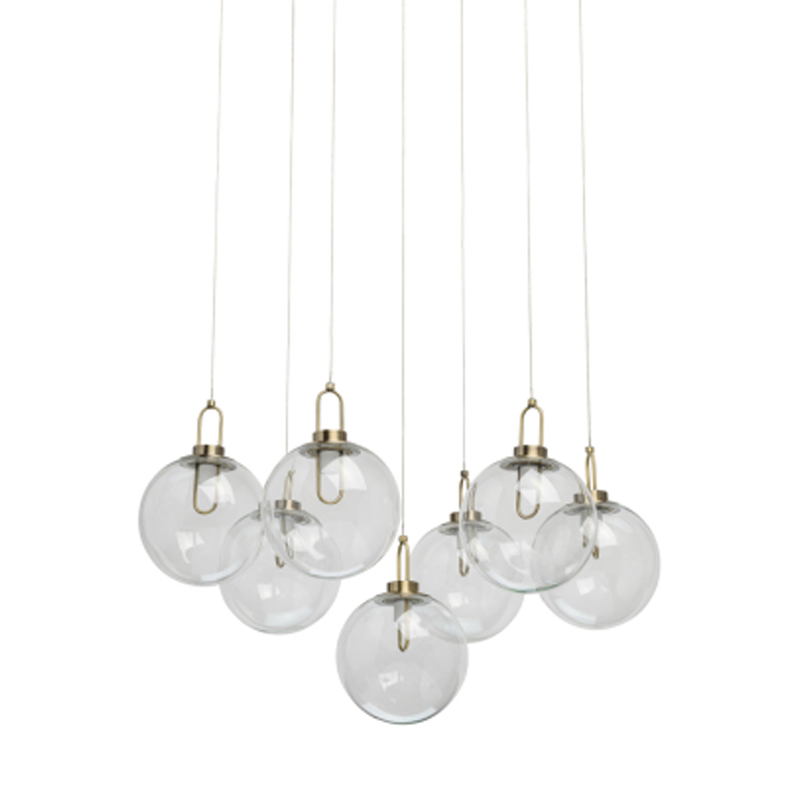 Люстра с 7-ю плафонами из прозрачного стекла в форме шара Orb Cascade  Бронза Прозрачный в Брянске | Loft Concept 
