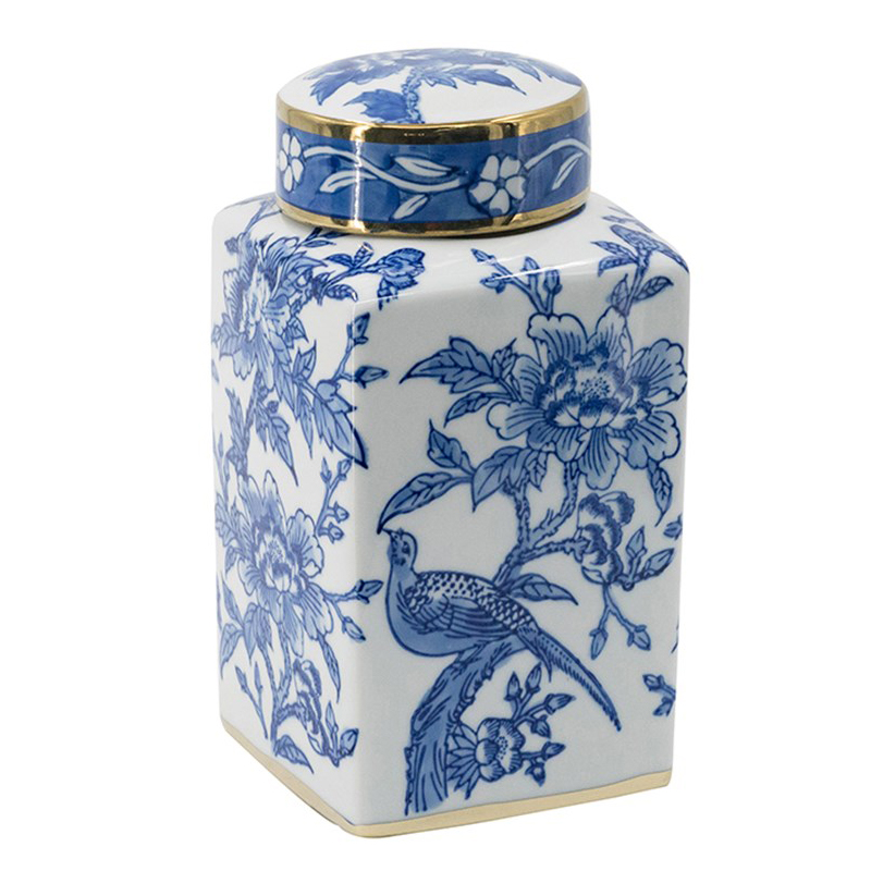 Ваза с крышкой Bird & Flowers Oriental Ornament Глянцевое золото Белый Синий Ваза с крышкой Bird & Flowers Oriental Ornament Глянцевое золото Белый Синий в Брянске | Loft Concept