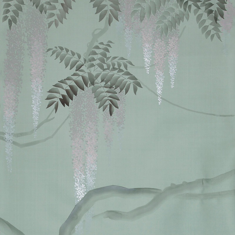 Обои в Японском стиле Wisteria Special Colourway on Blue Grey dyed silk Обои в Японском стиле Wisteria Special Colourway on Blue Grey dyed silk в Брянске | Loft Concept