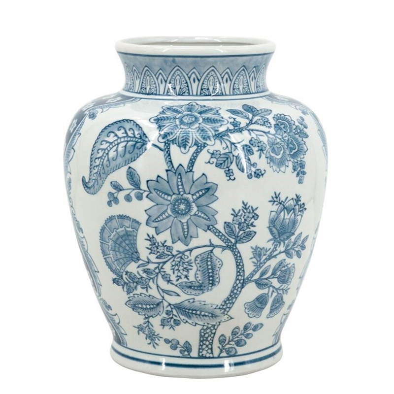 Ваза округлой формы белого цвета с синим растительным узором Blue & White Ornament Белый Синий Ваза округлой формы белого цвета с синим растительным узором Blue & White Ornament Белый Синий в Брянске | Loft Concept