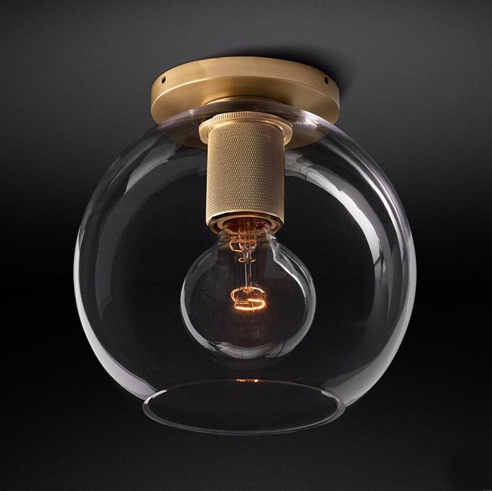 Потолочный светильник RH Utilitaire Globe Shade Flushmount Brass Прозрачное Стекло Латунь в Брянске | Loft Concept 