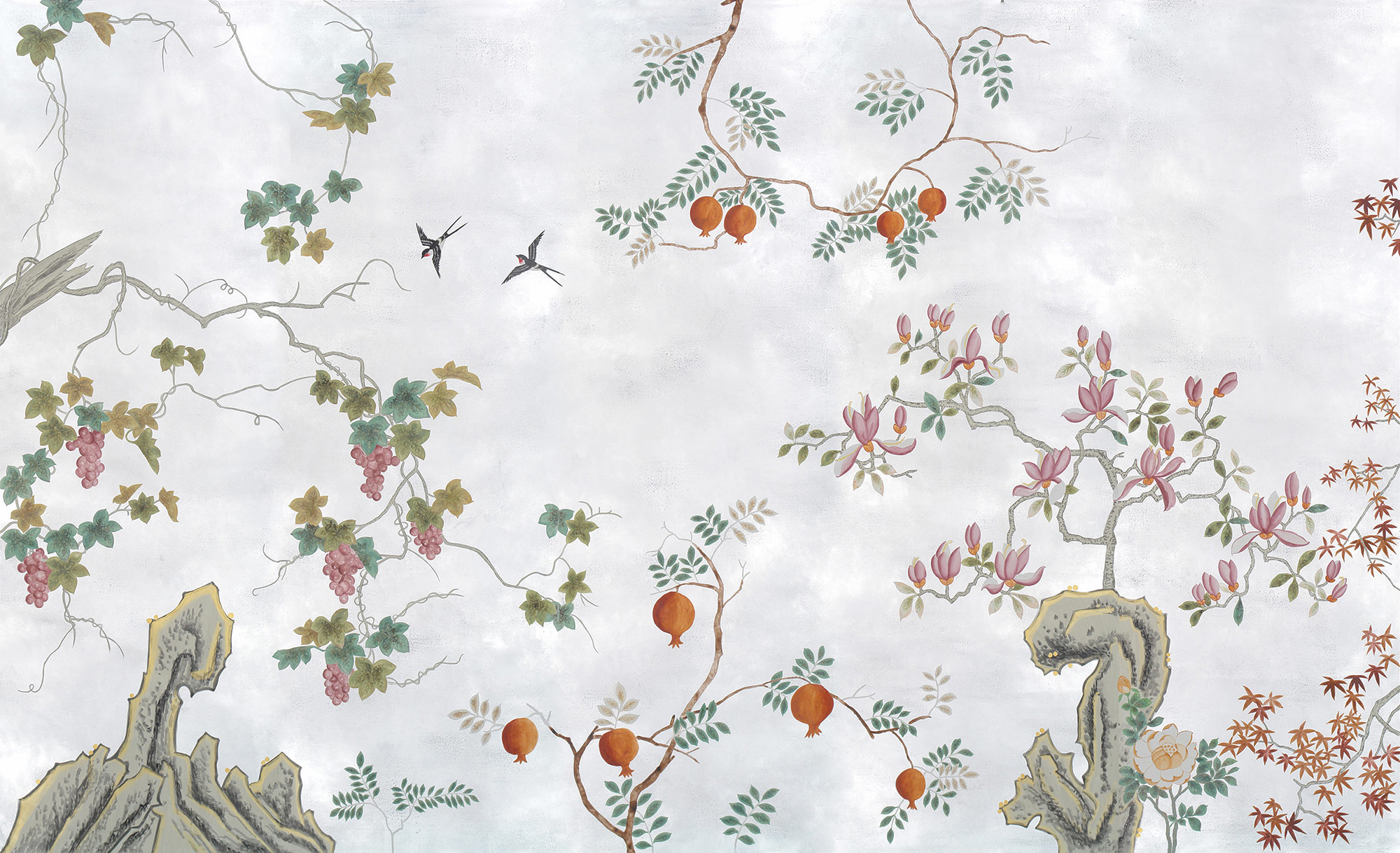 Обои ручная роспись Summer Night Blossom Original colourway on Ocean Silver gilded paper Обои ручная роспись Summer Night Blossom Original colourway on Ocean Silver gilded paper - постер Loft-Concept в Брянске