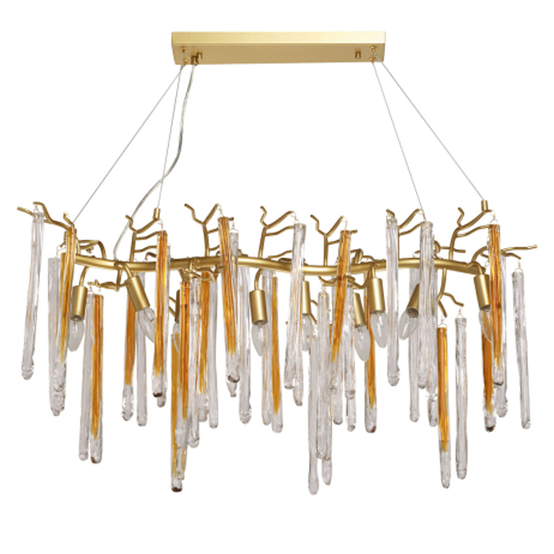 Люстра линейная золотого цвета с декоративными ветвями и длинными стеклянными подвесками в форме сосулек Droplet Chandelier Золотой Прозрачный в Брянске | Loft Concept 