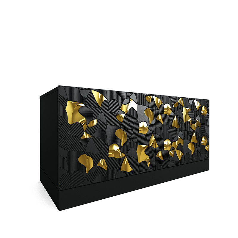 Комод малый инкрустированный золотым орнаментом Wooden Petals Gold Черный Серый Комод малый инкрустированный золотым орнаментом Wooden Petals Gold Черный Серый в Брянске | Loft Concept