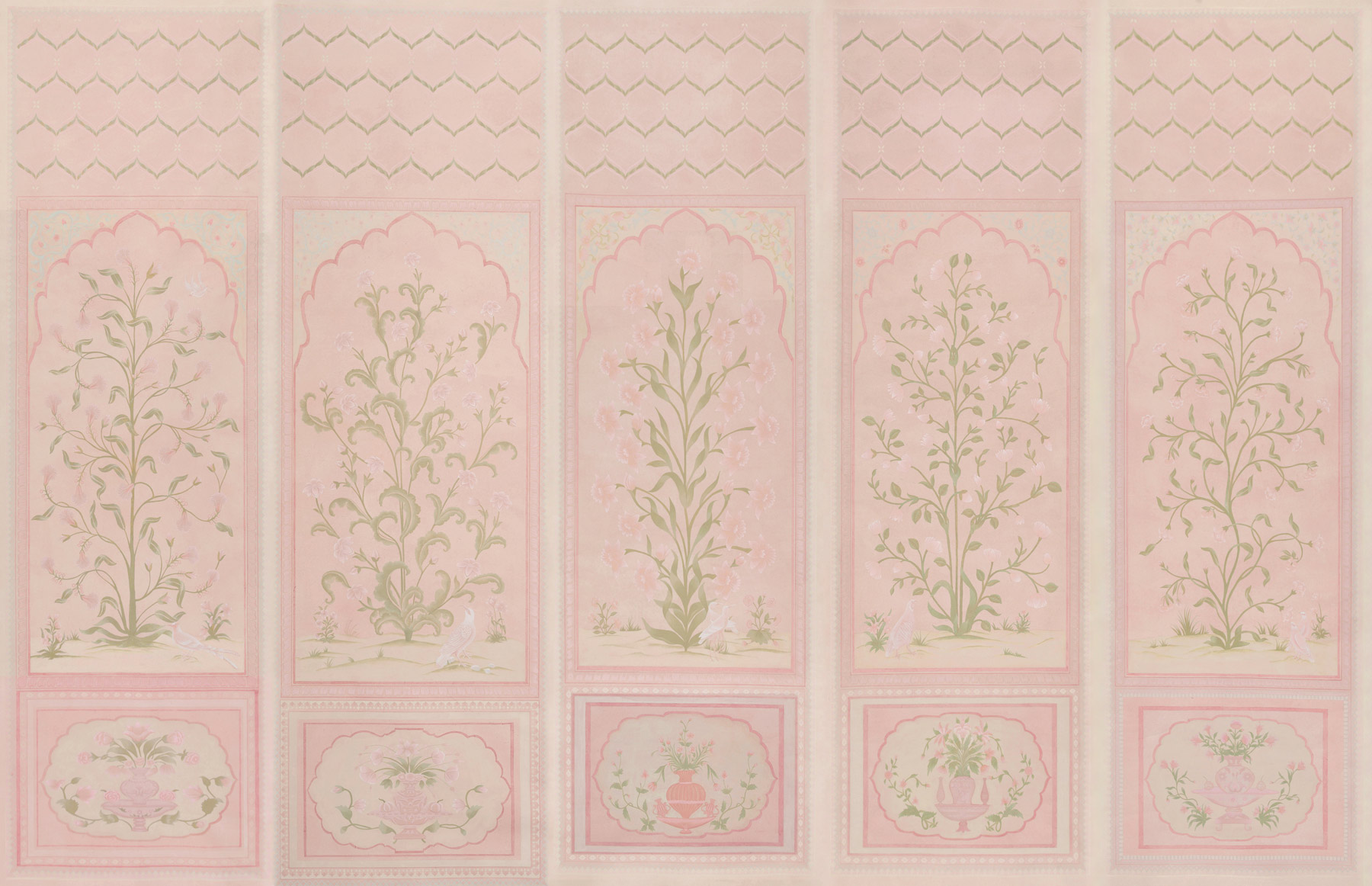 Обои ручная роспись Jharokha Arches Original colourway on pink painted Xuan paper Обои ручная роспись Jharokha Arches Original colourway on pink painted Xuan paper - постер Loft-Concept в Брянске