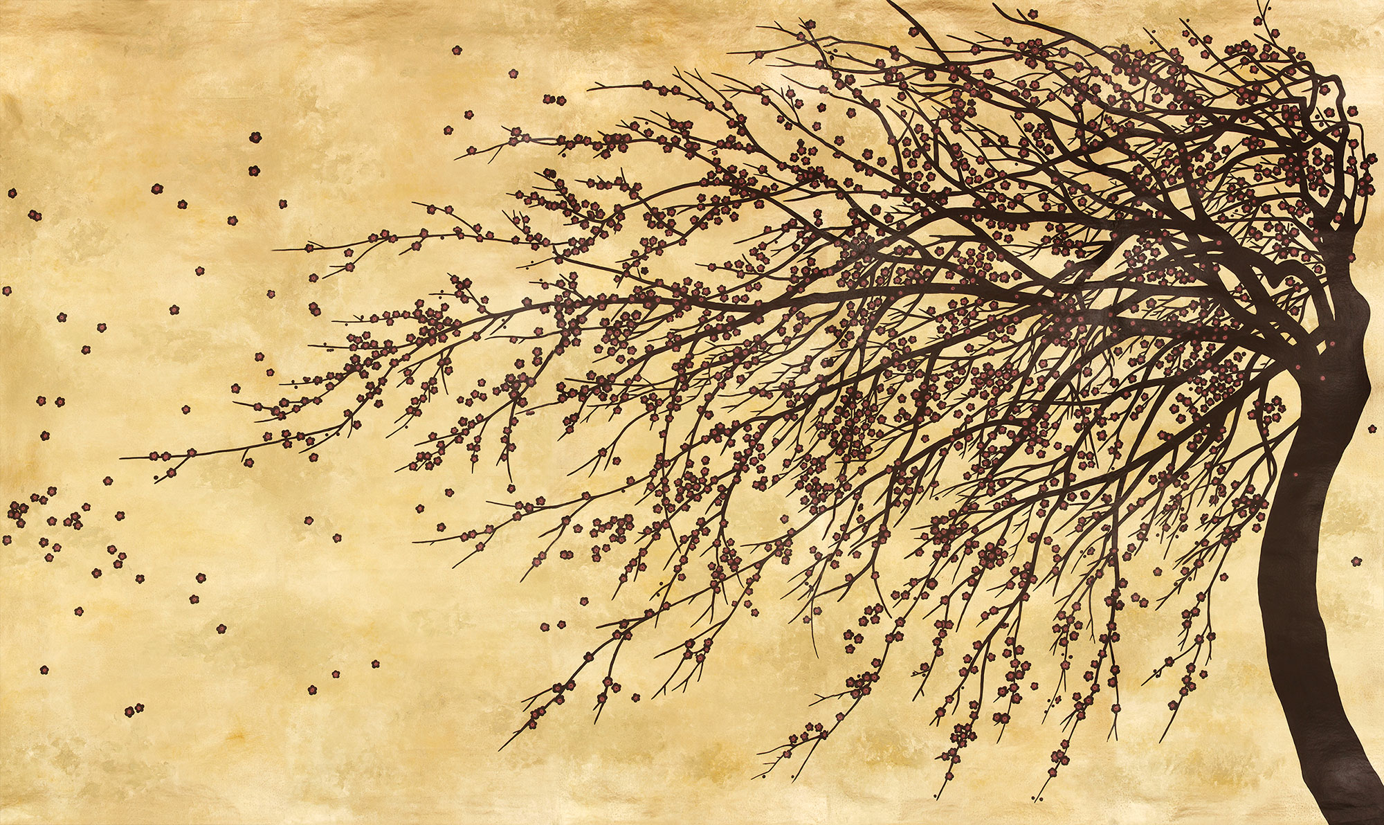 Обои ручная роспись Windswept Blossom Noir on Warm Gold gilded Xuan paper with pearlescent antiquing Обои ручная роспись Windswept Blossom Noir on Warm Gold gilded Xuan paper with pearlescent antiquing - постер Loft-Concept в Брянске