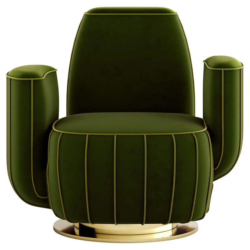 Дизайнерское Кресло-Кактус Modern Green Velvet Armchair Cactus Shape with Gold Swivel Base Зеленый Золотой в Брянске | Loft Concept 