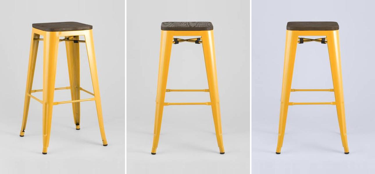 Барный Стул без Спинки Желтый Металл  Деревянное Сидение - фото