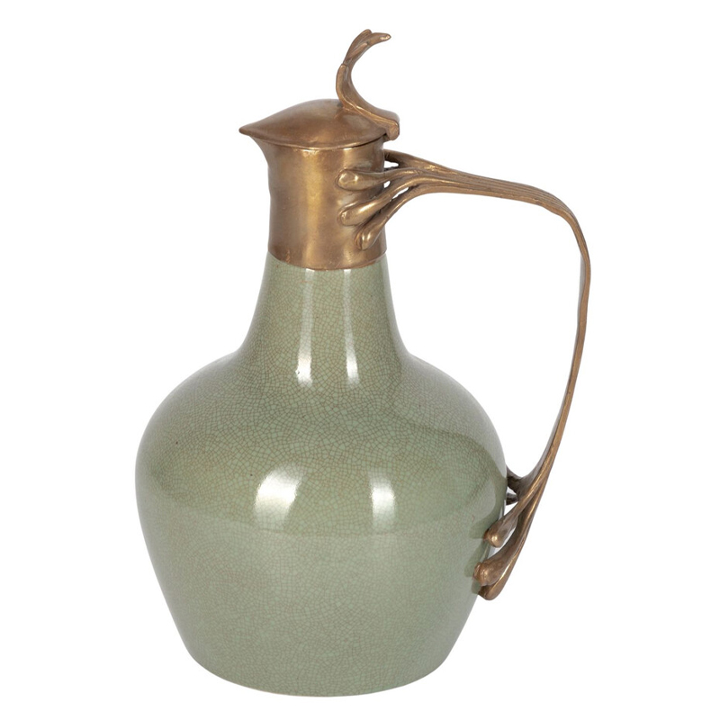Кувшин зеленого цвета из фарфора с бронзовой крышкой и изогнутой ручкой Eden Garden porcelain and bronze Зеленый Бронза Кувшин зеленого цвета из фарфора с бронзовой крышкой и изогнутой ручкой Eden Garden porcelain and bronze Зеленый Бронза в Брянске | Loft Concept