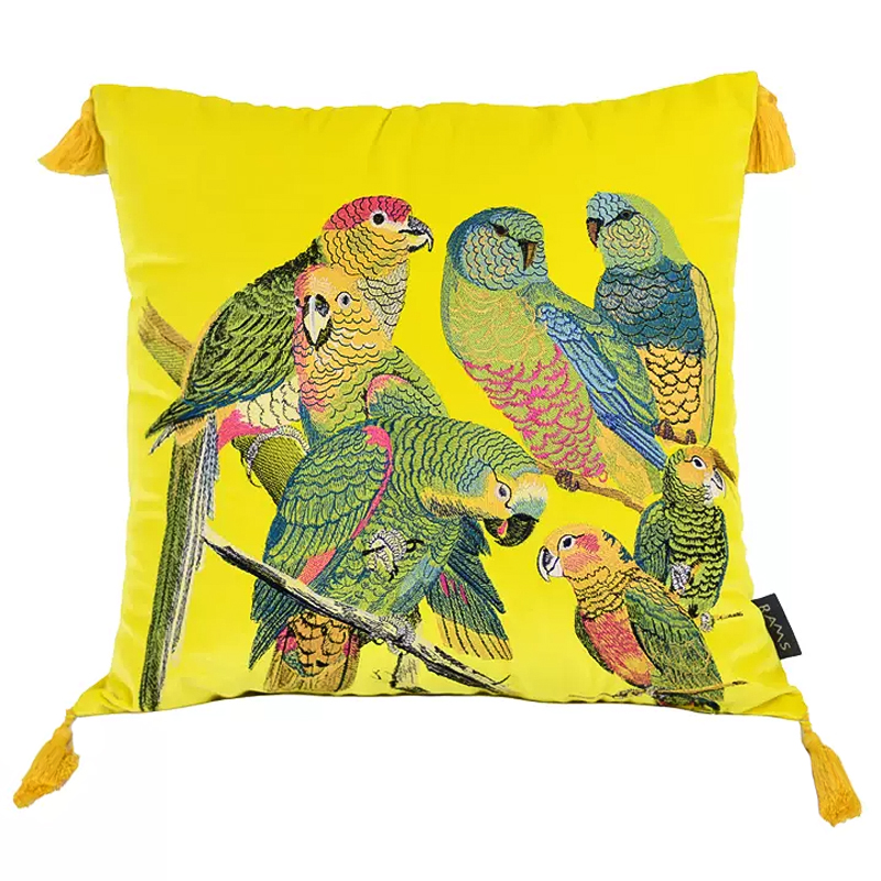 Декоративная подушка с вышивкой Embroidery Parrots Pillow Yellow Желтый Мульти Декоративная подушка с вышивкой Embroidery Parrots Pillow Yellow Желтый Мульти в Брянске | Loft Concept