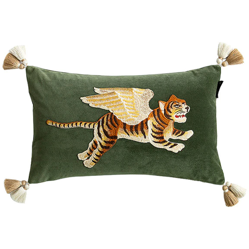 Декоративная подушка с вышивкой Стиль Gucci Winged Tiger Cushion Зеленый Оранжевый Золотой Декоративная подушка с вышивкой Стиль Gucci Winged Tiger Cushion Зеленый Оранжевый Золотой в Брянске | Loft Concept