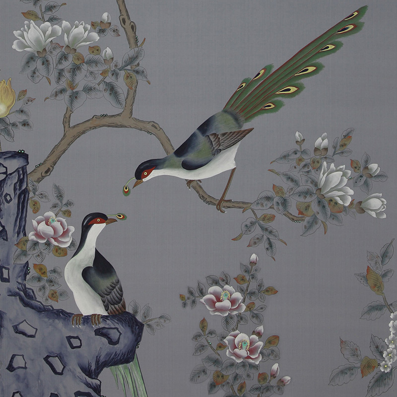 Обои ручная роспись Japanese Garden Original colourway on Gun Metal dyed silk Обои ручная роспись Japanese Garden Original colourway on Gun Metal dyed silk в Брянске | Loft Concept