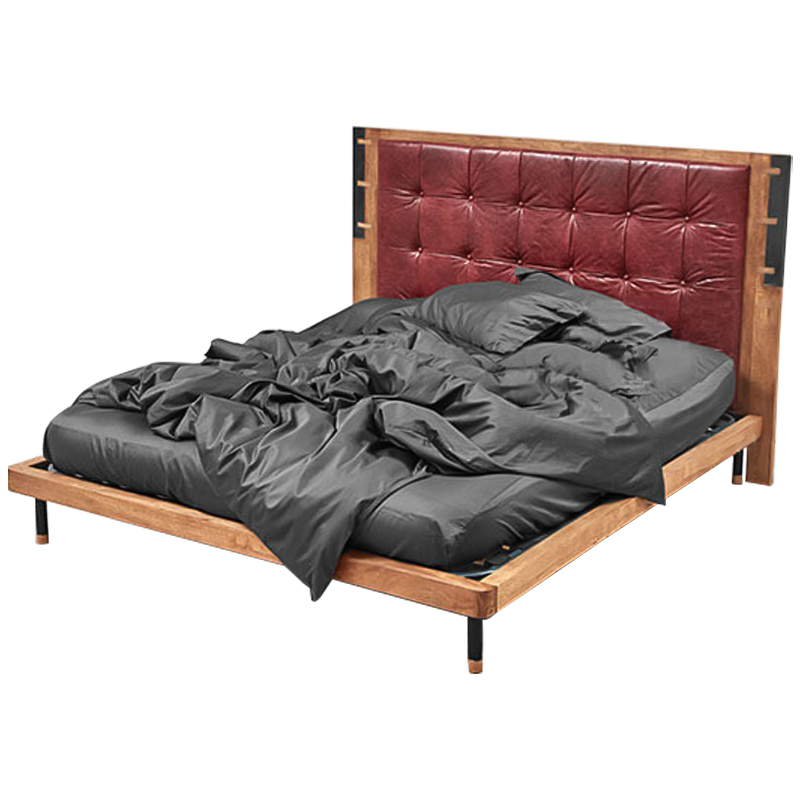 Кровать деревянная с изголовьем из натуральной кожи Kearns Bed Древесина Бургундский красный Кровать деревянная с изголовьем из натуральной кожи Kearns Bed Древесина Бургундский красный в Брянске | Loft Concept