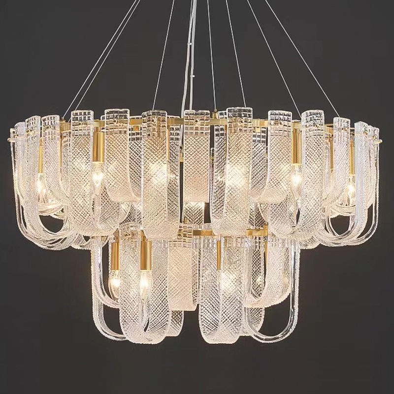 Люстра Prudence Textured Glass Two Tier Chandelier Прозрачное Стекло Золотой в Брянске | Loft Concept 