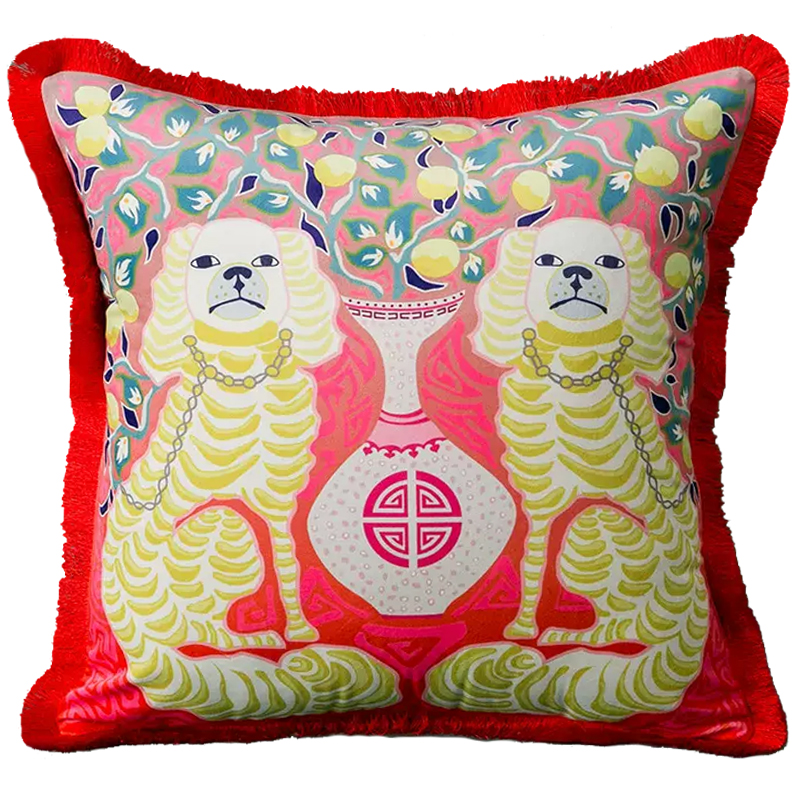 Декоративная подушка Two Dogs on Red Cushion Красный Желтый Мульти в Брянске | Loft Concept 