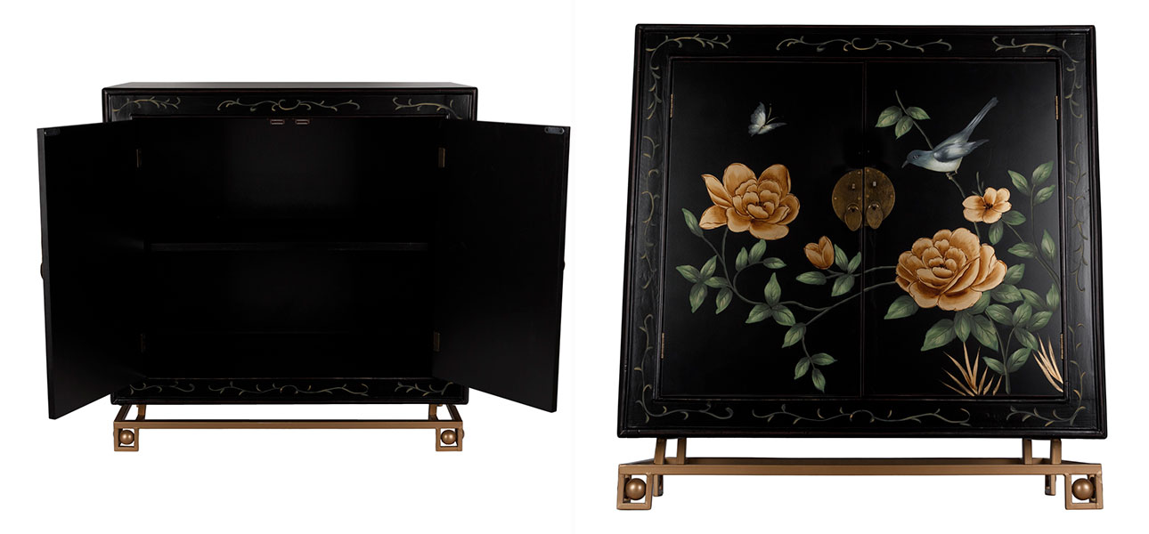 Комод черный с дверцами Розовый куст Chinese Rose on Black - фото