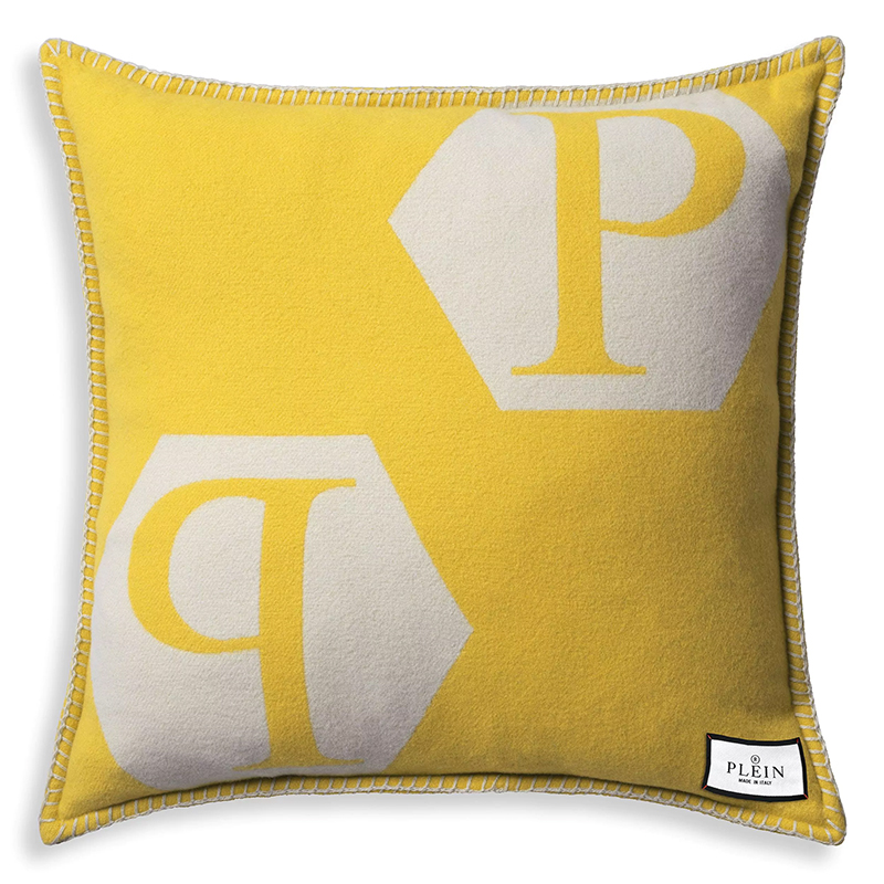 Подушка Philipp Plein Cushion Cashmere PP Logo 65 x 65 Yellow Белый Желтый в Брянске | Loft Concept 