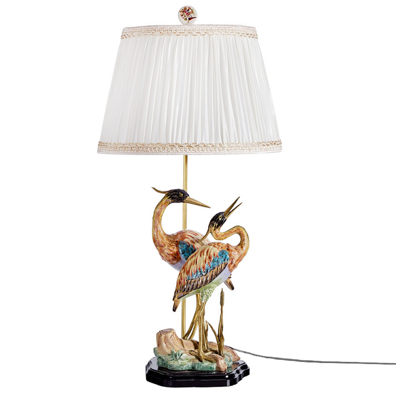 Настольная лампа с абажуром и основанием в виде двух цапель Porcelain Heron Lamp Белый Мульти Бронза в Брянске | Loft Concept 