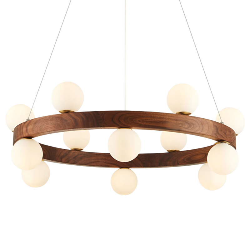 Люстра из дерева с белыми плафонами GRAND Wooden Chandelier Белое матовое стекло Коричневый Латунь Люстра из дерева с белыми плафонами GRAND Wooden Chandelier Белое матовое стекло Коричневый Латунь в Брянске | Loft Concept