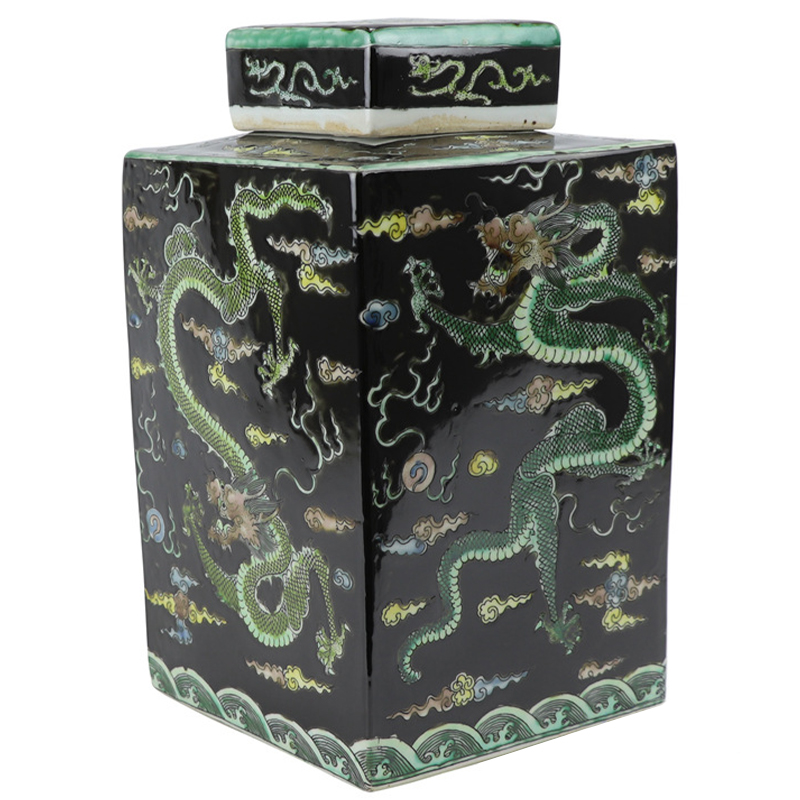 Ваза с крышкой квадратная Green Dragon Black Vase Черный Зеленый Желтый Светло-синий Ваза с крышкой квадратная Green Dragon Black Vase Черный Зеленый Желтый Светло-синий в Брянске | Loft Concept