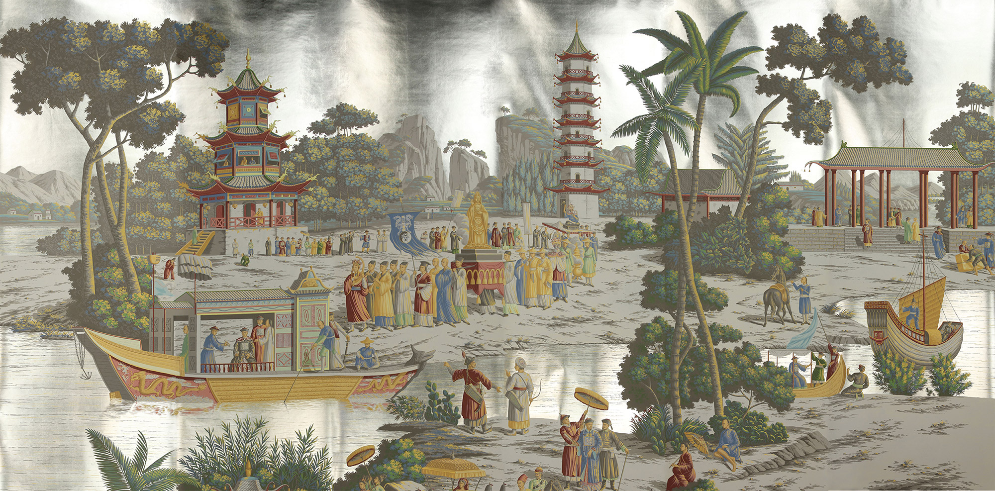 Обои ручная роспись Procession Chinoise Special Colourway on White Metal gilded paper Обои ручная роспись Procession Chinoise Special Colourway on White Metal gilded paper - постер Loft-Concept в Брянске