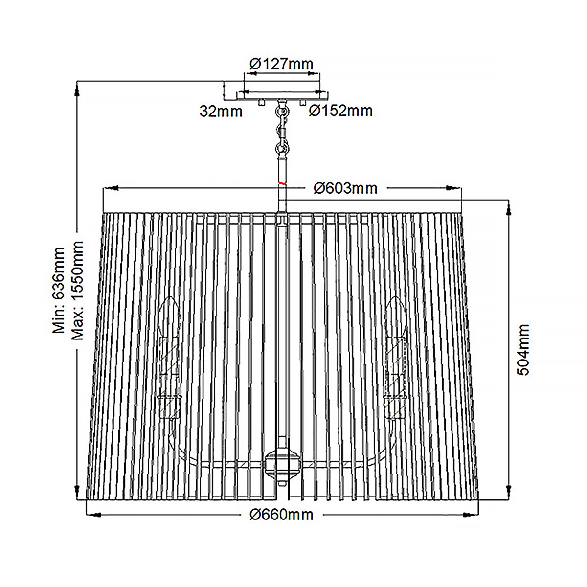 Люстра цвета латунь с 6-ю лампами свечами внутри цилиндрического абажура из черных металлических реек Kichler в Брянске