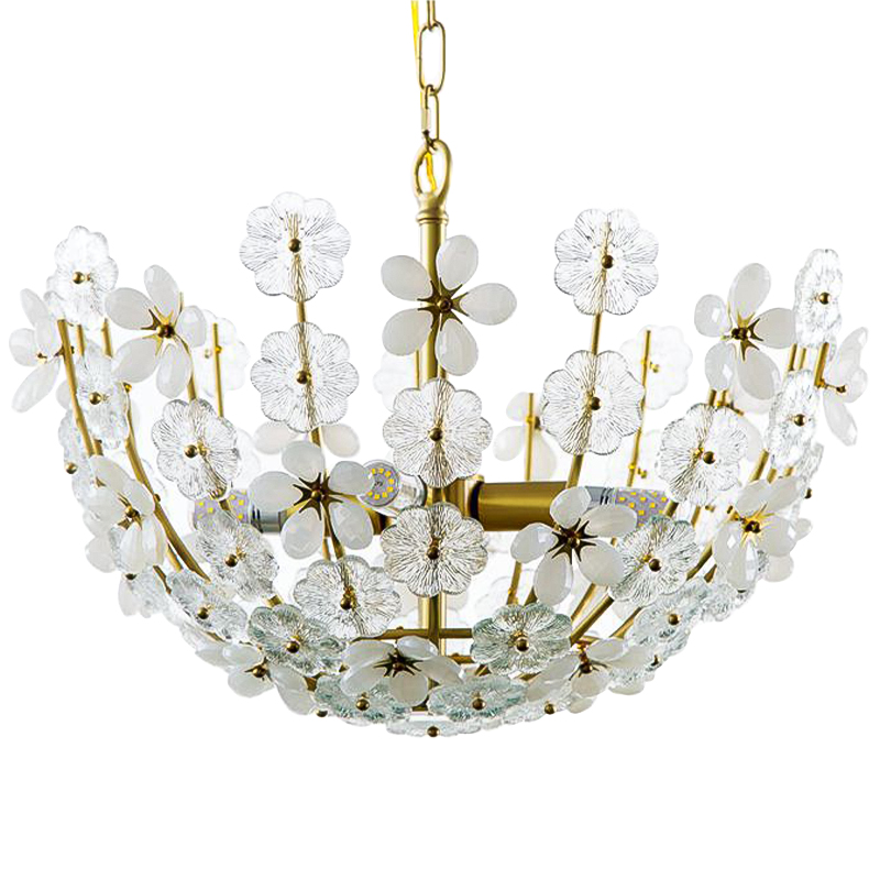Люстра Glass White Flowers Chandelier Латунь Прозрачное Стекло Белый Люстра Glass White Flowers Chandelier Латунь Прозрачное Стекло Белый в Брянске | Loft Concept