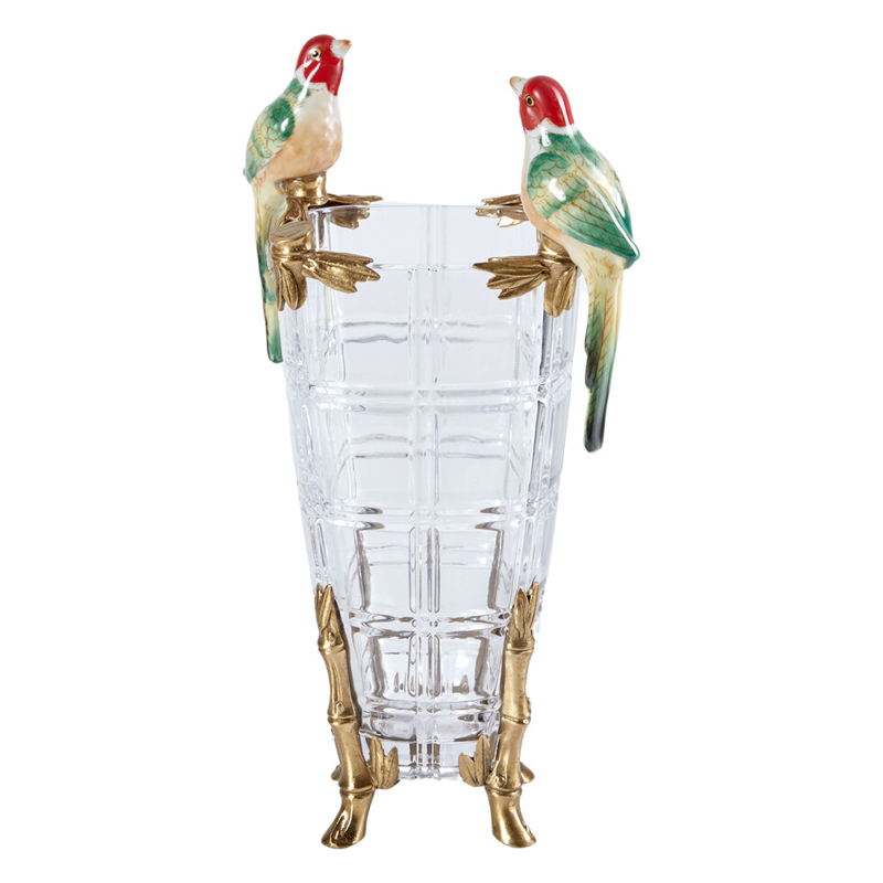 Ваза из прозрачного стекла с бронзовыми ножками и фигурками попугаев Eden Garden porcelain and bronze Прозрачное Стекло Бронза Мульти в Брянске | Loft Concept 