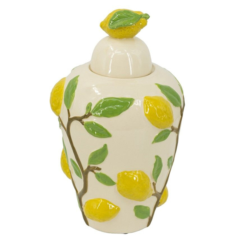 Ваза с крышкой кремового цвета и объемным рисунком лимонов и листьев Lemon Delight Кремовый Желтый Коричневый Зеленый Ваза с крышкой кремового цвета и объемным рисунком лимонов и листьев Lemon Delight Кремовый Желтый Коричневый Зеленый в Брянске | Loft Concept