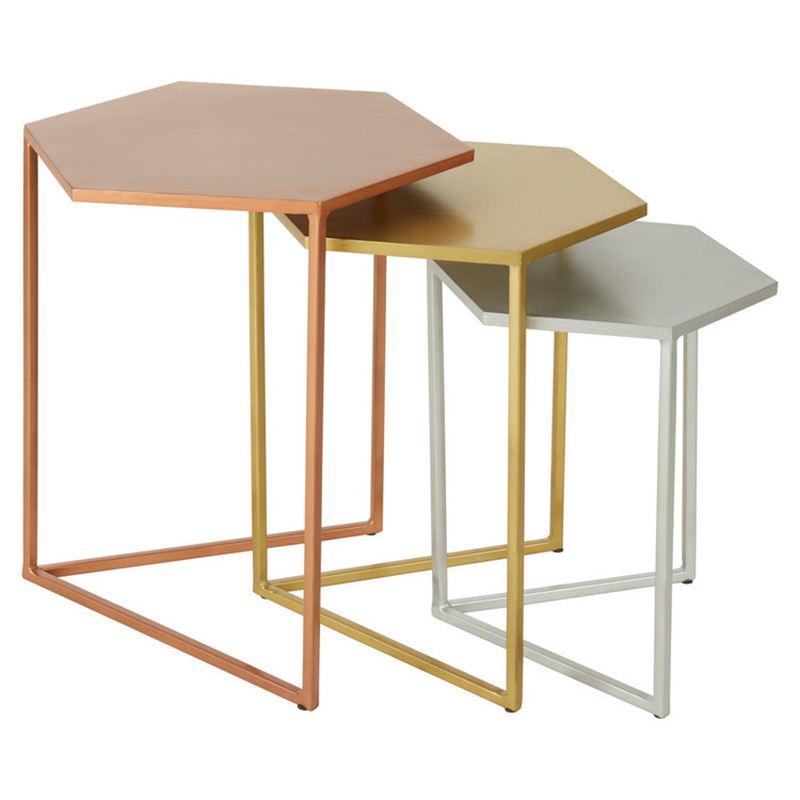 Комплект из 3-х приставных столиков Trio Hexagon Side Tables Медь Золотой Серебряный Комплект из 3-х приставных столиков Trio Hexagon Side Tables Медь Золотой Серебряный в Брянске | Loft Concept