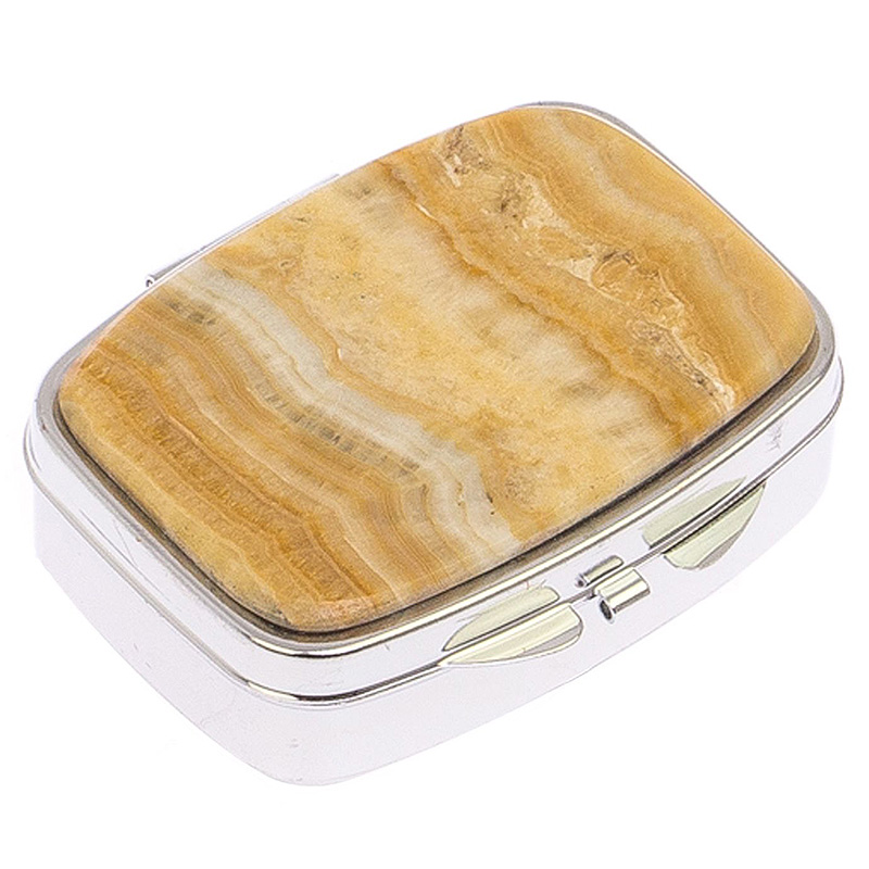 Таблетница карманная прямоугольная с 2-мя отделениями с зеркалом и накладкой из натурального камня Оникс Silver Stone Pillboxes Бежевый Серебряный в Брянске | Loft Concept 