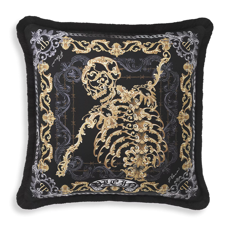 Подушка Philipp Plein Cushion Silk Skeleton 50 x 50 cm Черный Серый Золотой в Брянске | Loft Concept 