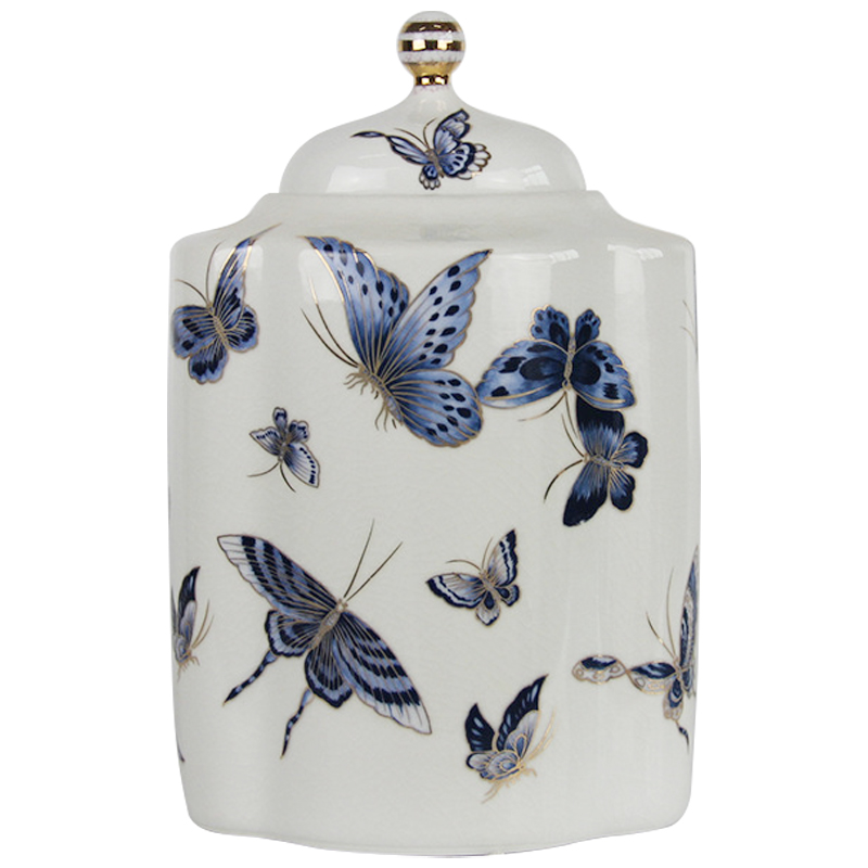 Ваза с крышкой Porcelain Butterfly Blue and Gold Vase Белый Синий Золотой Ваза с крышкой Porcelain Butterfly Blue and Gold Vase Белый Синий Золотой в Брянске | Loft Concept