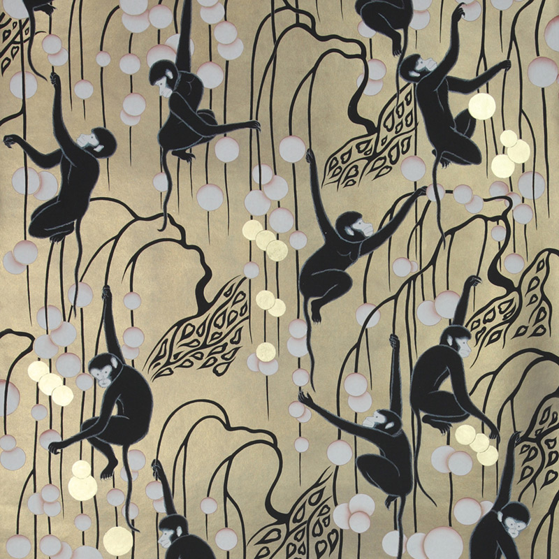 Обои ручная роспись Deco Monkeys Special Colourway on Brushed Gold gilded paper Обои ручная роспись Deco Monkeys Special Colourway on Brushed Gold gilded paper в Брянске | Loft Concept