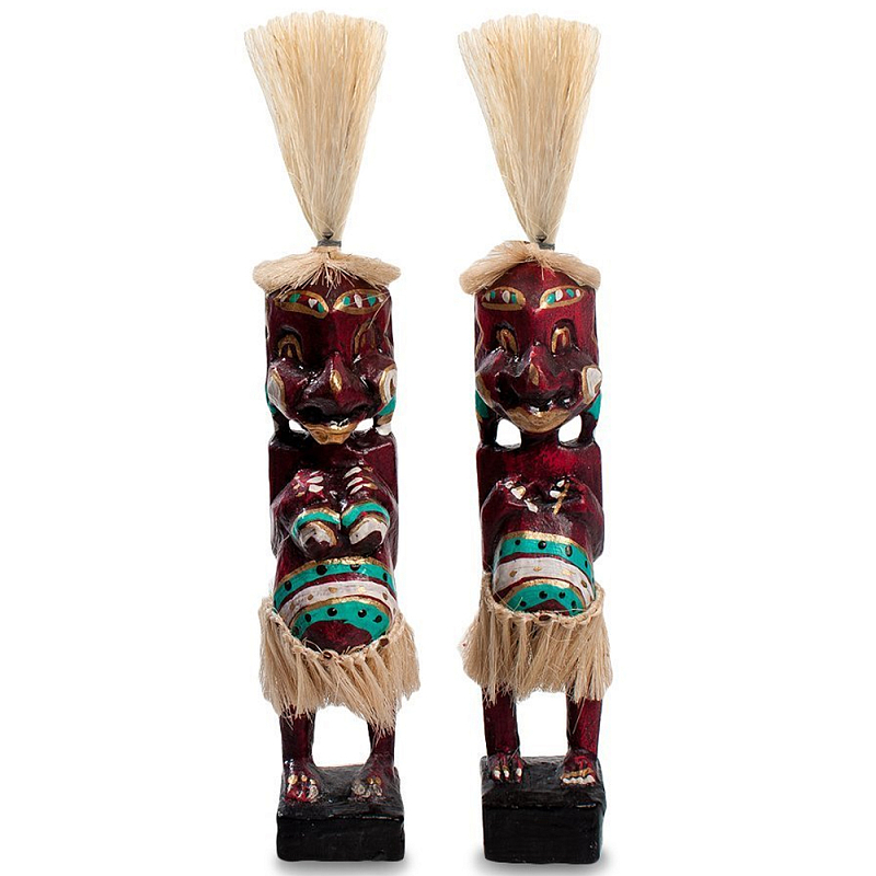Комплект из 2-х деревянных статуэток Asmat Straw Headdress Statuettes Red Turquoise Tattoo Красный Бежевый Бирюзовый Белый Комплект из 2-х деревянных статуэток Asmat Straw Headdress Statuettes Red Turquoise Tattoo Красный Бежевый Бирюзовый Белый в Брянске | Loft Concept