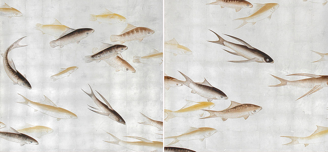 Обои ручная роспись Fishes Amber on Real Silver gilded silk Обои ручная роспись Fishes Amber on Real Silver gilded silk - Loft-Concept в Брянске