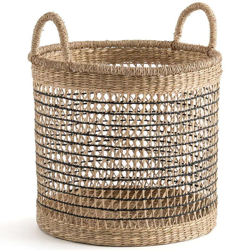 Круглая плетеная корзина Renee Wicker Basket Бежевый Черный Круглая плетеная корзина Renee Wicker Basket Бежевый Черный в Брянске | Loft Concept