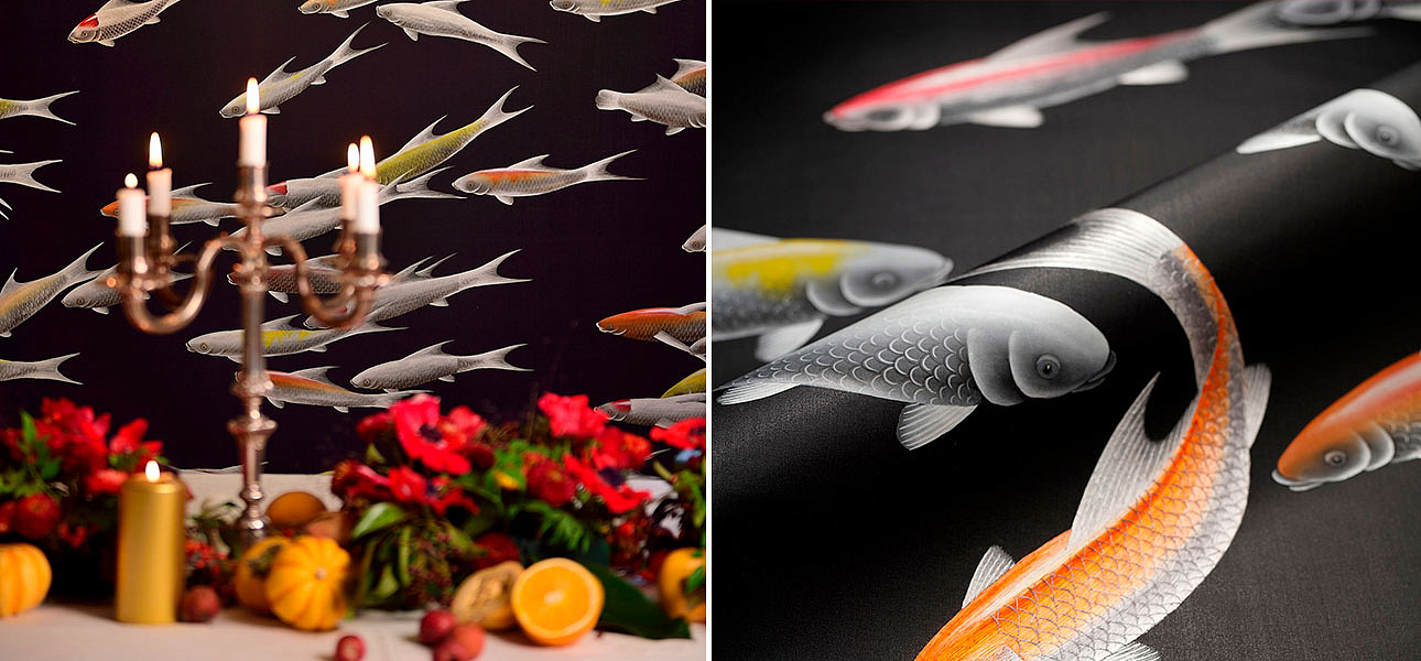 Обои ручная роспись Fishes Koi on Pitch dyed silk Обои ручная роспись Fishes Koi on Pitch dyed silk - Loft-Concept в Брянске