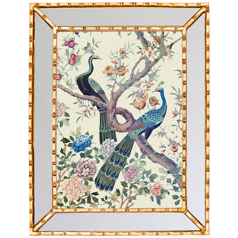Постер в зеркальной раме в стиле шинуазри Chinoiserie Imperial Garden Peacocks on a Tree Poster Бежевый Бирюзовый Мульти Золотой Зеркало Постер в зеркальной раме в стиле шинуазри Chinoiserie Imperial Garden Peacocks on a Tree Poster Бежевый Бирюзовый Мульти Золотой Зеркало в Брянске | Loft Concept