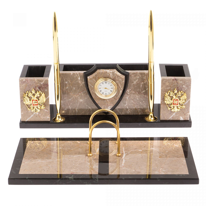 Настольный письменный набор из бежевого мрамора с часами и гербом Marble Accessory Бежевый Черный Золотой Настольный письменный набор из бежевого мрамора с часами и гербом Marble Accessory Бежевый Черный Золотой в Брянске | Loft Concept
