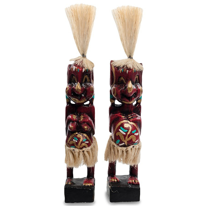 Комплект из 2-х деревянных статуэток Asmat Straw Headdress Statuettes Red Tattoo Красный Бежевый Золотой Мульти Комплект из 2-х деревянных статуэток Asmat Straw Headdress Statuettes Red Tattoo Красный Бежевый Золотой Мульти в Брянске | Loft Concept